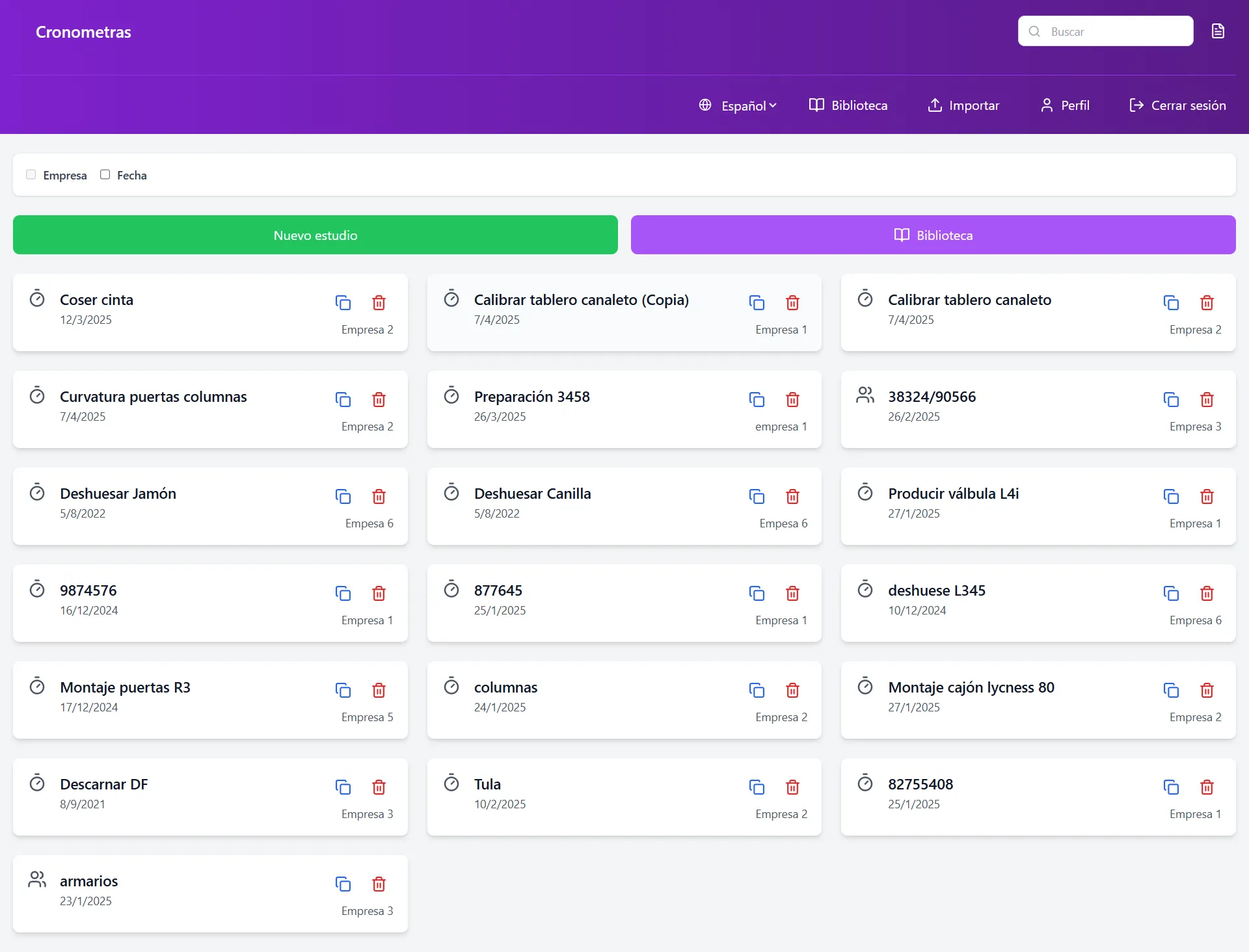 Visualización de estudios de tiempos en el Dashboard de CRONOMETRAS