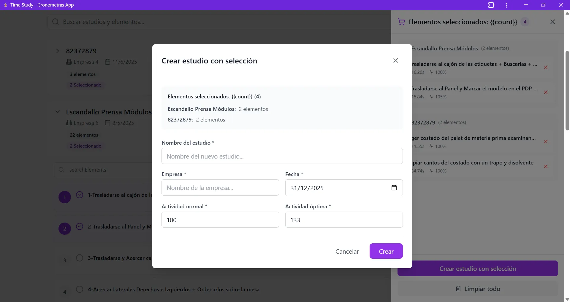Modal de creación de nuevo estudio desde la biblioteca en CRONOMETRAS