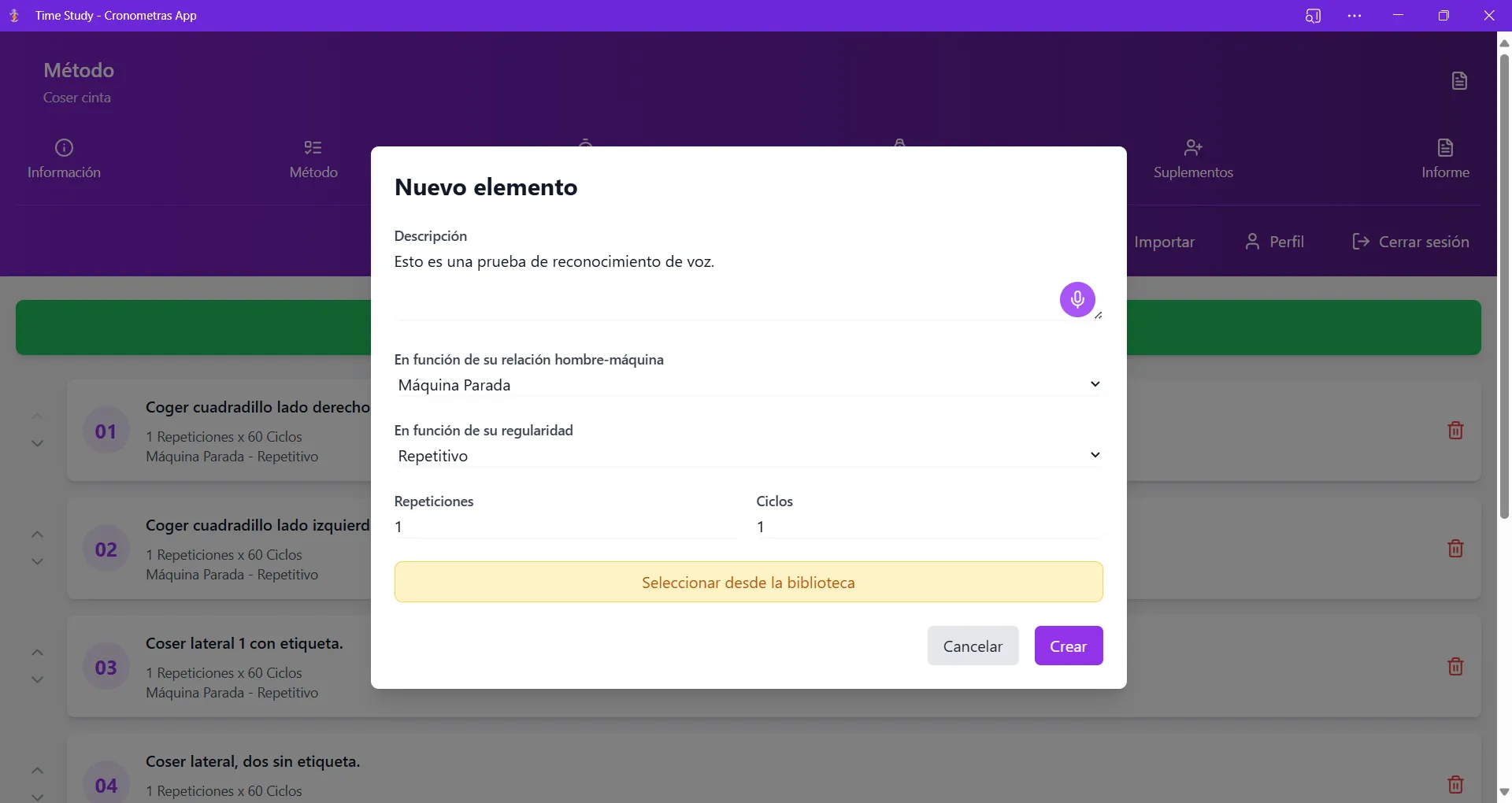 Reconocimiento de voz en software de cronometraje industrial