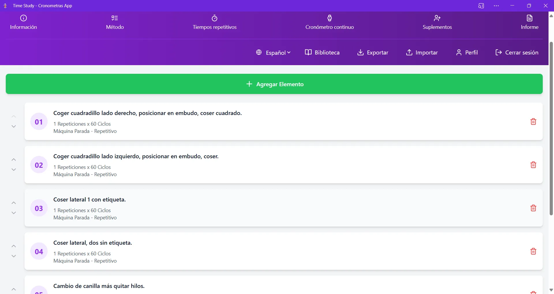 Gestión de elementos en estudios de métodos y tiempos